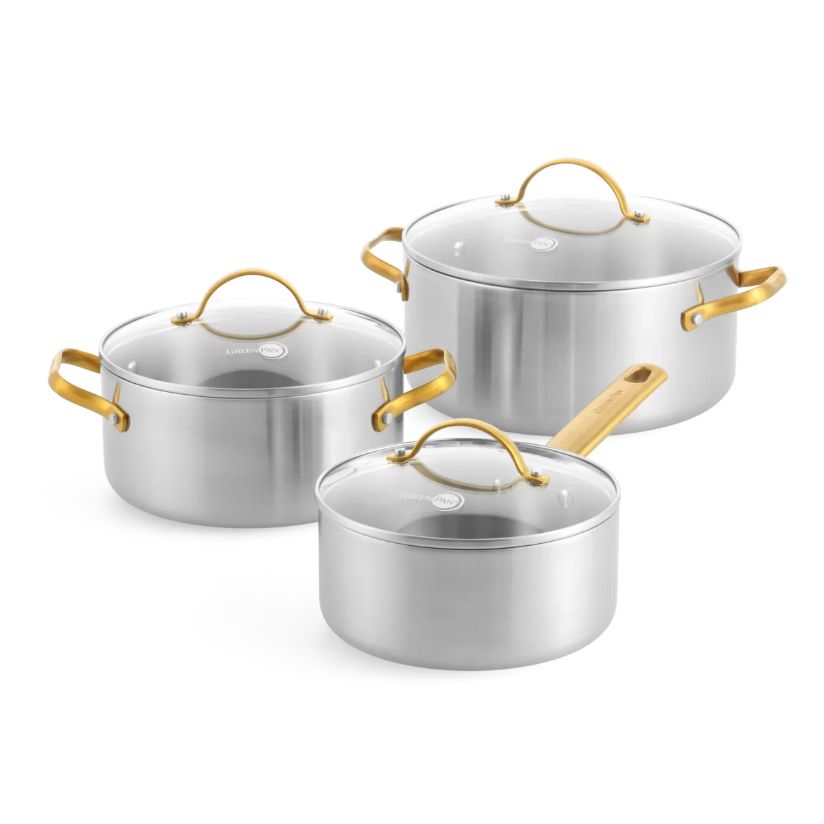 Greenpan Padova stainless steel 3 delige pannenset (6 delig wanneer je de deksels meetelt)